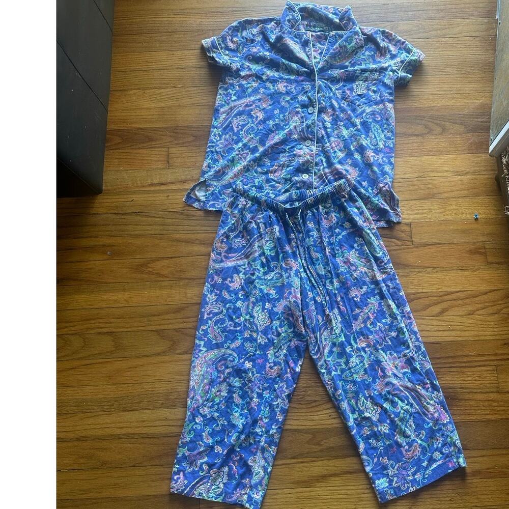 Lauren Ralph Lauren Paisley Pajama Set XS Blue Luxe Sleepwear Lounge Style